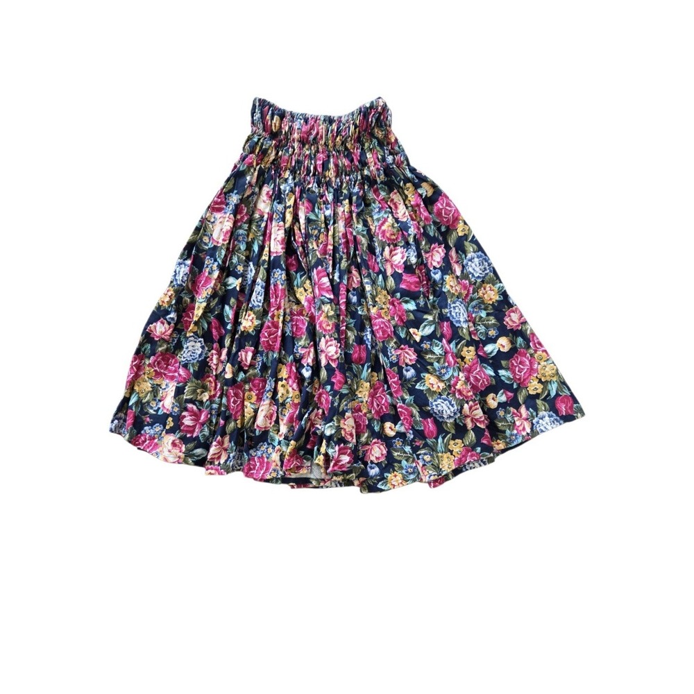 Hawaiian Pau Hula Skirt Girls Blue Floral Print Long Elastic Waist Flare 26"